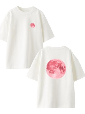 Nmg Tekstil Beyaz Oversize Pamuk Dolunay Manzara Ön Arka Baskılı Örme T-Shirt