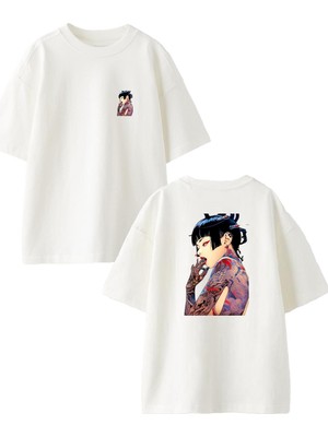 Nmg Tekstil Beyaz Oversize Pamuk Dövmeli Çinli Kadın Ön Arka Baskılı Örme T-Shirt