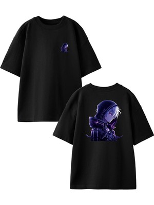Nmg Tekstil Siyah Oversize Pamuk Kapşunlu Japon Anime Ön Arka Baskılı Örme T-Shirt