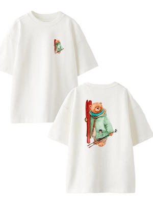 Nmg Tekstil Beyaz Oversize Pamuk Kayak Yapan Ayı Ön Arka Baskılı Örme T-Shirt