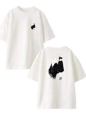Nmg Tekstil Beyaz Oversize Pamuk Beyaz Domuz Kadın Ön Arka Baskılı Örme T-Shirt