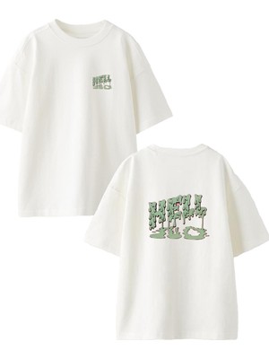 Nmg Tekstil Beyaz Oversize Pamuk Hello Akan Yazı Ön Arka Baskılı Örme T-Shirt