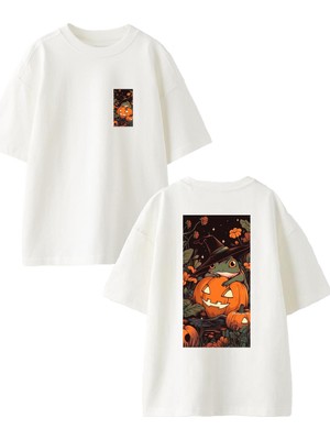 Nmg Tekstil Beyaz Oversize Pamuk Kurbağa Balkabağı Ön Arka Baskılı Örme T-Shirt