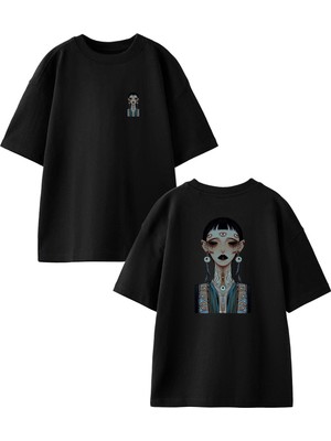 Nmg Tekstil Siyah Oversize Pamuk Çok Gözlü Kadın Ön Arka Baskılı Örme T-Shirt