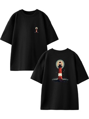 Nmg Tekstil Siyah Oversize Pamuk Manzara Deniz Feneri Ön Arka Baskılı Örme T-Shirt