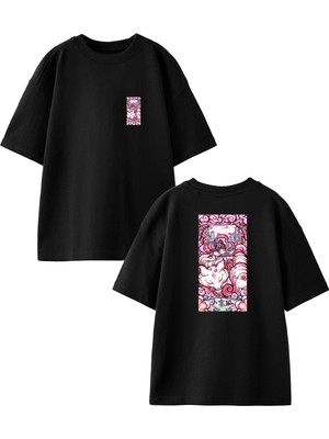 Nmg Tekstil Siyah Oversize Pamuk Pembe Köpek Kız Çocuğu Ön Arka Baskılı Örme T-Shirt
