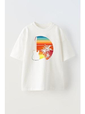 Nmg Tekstil Beyaz Oversize Pamuk Deniz Kum Palmiye Gitar Baskılı Örme T-Shirt