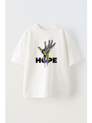 Nmg Tekstil Beyaz Oversize Pamuk El Hope Baskılı Örme T-Shirt