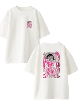 Nmg Tekstil Beyaz Oversize Pamuk Pembe Japon Poster Ön Arka Baskılı Örme T-Shirt