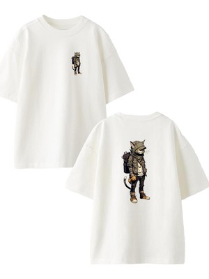 Nmg Tekstil Beyaz Oversize Pamuk Serseri Kedi Ön Arka Baskılı Örme T-Shirt