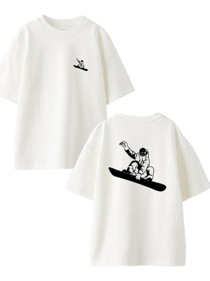 Nmg Tekstil Beyaz Oversize Pamuk Snow Board Adam Kıyafet Ön Arka Baskılı Örme T-Shirt