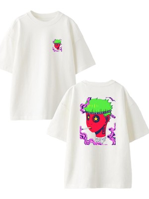 Nmg Tekstil Beyaz Oversize Pamuk Yeşil Saçlı Yaratık Ön Arka Baskılı Örme T-Shirt