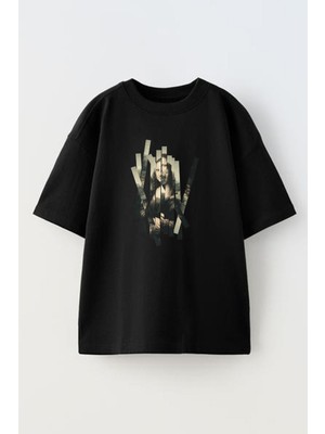 Nmg Tekstil Siyah Oversize Pamuk Monalisa Kırık Cam Baskılı Örme T-Shirt