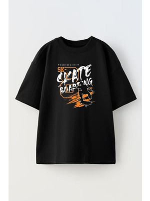 Nmg Tekstil Siyah Oversize Pamuk Skate Boar Baskılı Örme T-Shirt