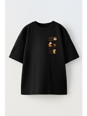 Nmg Tekstil Siyah Oversize Pamuk Yavru Sincaplar Cep Baskılı Örme T-Shirt