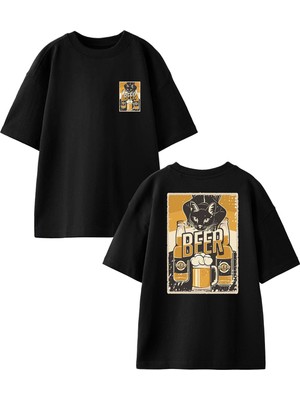 Nmg Tekstil Siyah Oversize Pamuk Beer Cat Ön Arka Baskılı Örme T-Shirt
