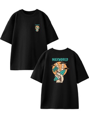 Nmg Tekstil Siyah Oversize Pamuk Maxworld Surfing Ön Arka Baskılı Örme T-Shirt