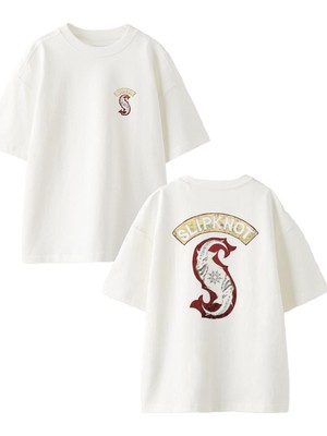 Nmg Tekstil Beyaz Oversize Pamuk Keçi Boynuzlu Slipknot Ön Arka Baskılı Örme T-Shirt
