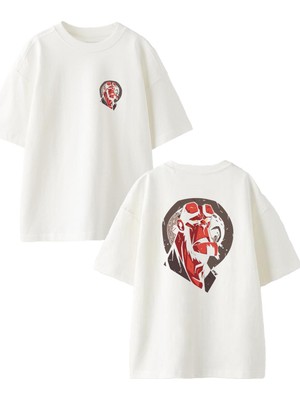 Nmg Tekstil Beyaz Oversize Pamuk Maymun Drakula Ön Arka Baskılı Örme T-Shirt