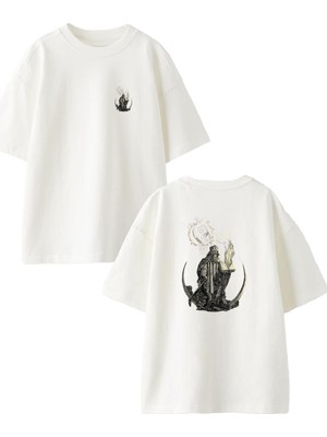 Nmg Tekstil Beyaz Oversize Pamuk Opeth Heykel Poster Ön Arka Baskılı Örme T-Shirt