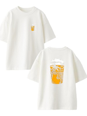 Nmg Tekstil Beyaz Oversize Pamuk Palmiye Tatil Içecek Ön Arka Baskılı Örme T-Shirt