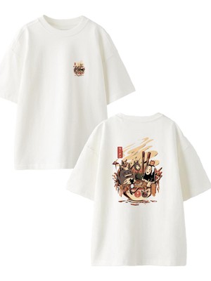 Nmg Tekstil Beyaz Oversize Pamuk Sushi Pokemon Yemek Ön Arka Baskılı Örme T-Shirt