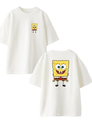 Nmg Tekstil Beyaz Oversize Pamuk Sünger Bob Gülücük Ön Arka Baskılı Örme T-Shirt