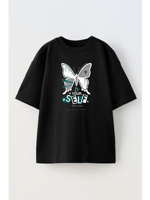 Nmg Tekstil Siyah Oversize Pamuk Kelebek Yourself Baskılı Örme T-Shirt