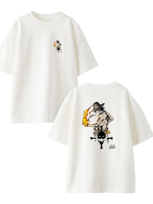 Nmg Tekstil Beyaz Oversize Pamuk Alevli Kovboy Ön Arka Baskılı Örme T-Shirt