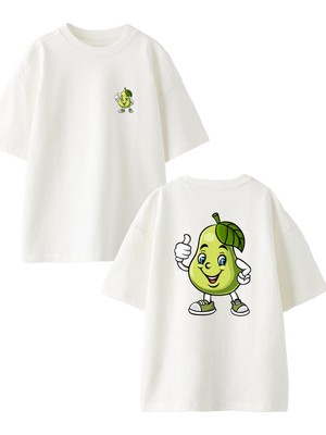 Nmg Tekstil Beyaz Oversize Pamuk Armut Okey Ön Arka Baskılı Örme T-Shirt