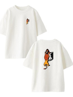 Nmg Tekstil Beyaz Oversize Pamuk Düşen Aslan Ön Arka Baskılı Örme T-Shirt