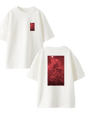 Nmg Tekstil Beyaz Oversize Pamuk Kırmızı Kadın Güneş Ön Arka Baskılı Örme T-Shirt