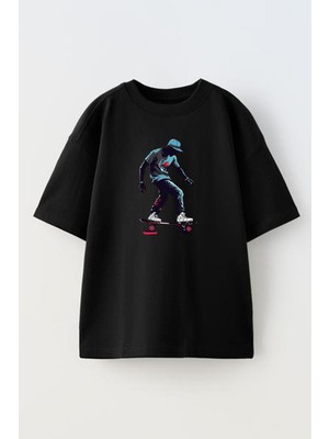 Nmg Tekstil Siyah Oversize Pamuk Şapkalı Kaykay Baskılı Örme T-Shirt