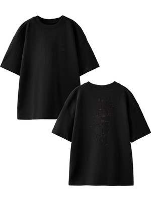 Nmg Tekstil Siyah Oversize Pamuk Tek Göz El Ön Arka Baskılı Örme T-Shirt