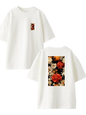 Nmg Tekstil Beyaz Oversize Pamuk Çiçekler Laleler Ön Arka Baskılı Örme T-Shirt