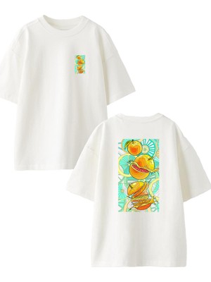 Nmg Tekstil Beyaz Oversize Pamuk Dilimli Portakallar Ön Arka Baskılı Örme T-Shirt