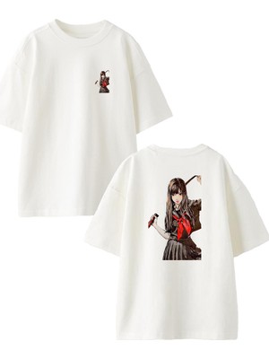 Nmg Tekstil Beyaz Oversize Pamuk Liseli Kıyafetli Kız Ön Arka Baskılı Örme T-Shirt