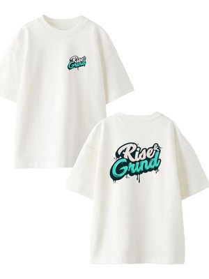 Nmg Tekstil Beyaz Oversize Pamuk Rise Grund Ön Arka Baskılı Örme T-Shirt