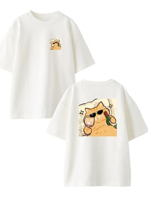 Nmg Tekstil Beyaz Oversize Pamuk Şarapçı Kedi Ön Arka Baskılı Örme T-Shirt