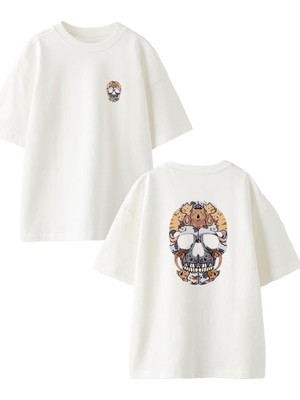 Nmg Tekstil Beyaz Oversize Pamuk Kediler Kurukafa Ön Arka Baskılı Örme T-Shirt