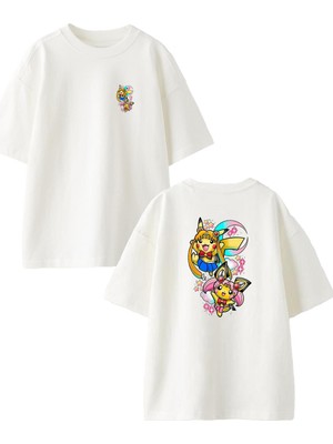Nmg Tekstil Beyaz Oversize Pamuk Oyuncak Pikachular Ön Arka Baskılı Örme T-Shirt