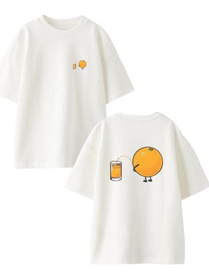Nmg Tekstil Beyaz Oversize Pamuk Portakal Suyu Ön Arka Baskılı Örme T-Shirt