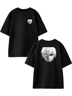 Nmg Tekstil Siyah Oversize Pamuk Beyaz Saçlı Tek Göz Ön Arka Baskılı Örme T-Shirt
