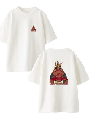 Nmg Tekstil Beyaz Oversize Pamuk Sumo Kurbağa Ön Arka Baskılı Örme T-Shirt