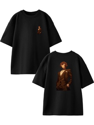 Nmg Tekstil Siyah Oversize Pamuk Smokinli Anime Ön Arka Baskılı Örme T-Shirt