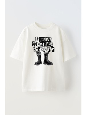 Nmg Tekstil Beyaz Oversize Pamuk Asker Çizme Baskılı Örme T-Shirt