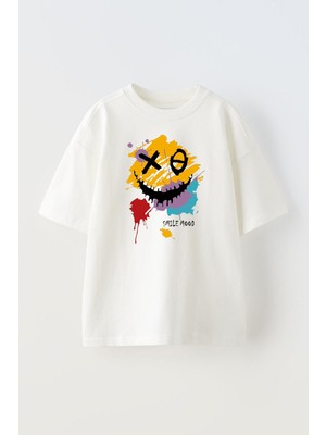 Nmg Tekstil Beyaz Oversize Pamuk Renkli Xo Boya Baskılı Örme T-Shirt