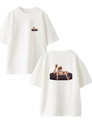 Nmg Tekstil Beyaz Oversize Pamuk Lastik Simit Havuz Scooby Ön Arka Baskılı Örme T-Shirt
