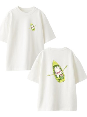Nmg Tekstil Beyaz Oversize Pamuk Kayık Yapan Tavşancık Ön Arka Baskılı Örme T-Shirt