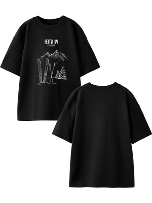 Nmg Tekstil Siyah Oversize Pamuk Winter Kayak Dağ Ön Arka Baskılı Örme T-Shirt